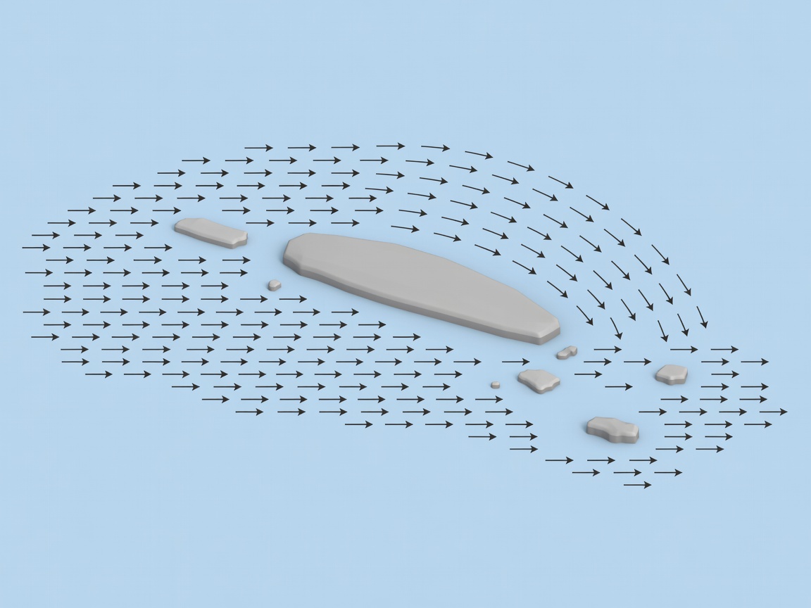 Simplified island model with conceptual wind arrows showing sheltered and exposed water
