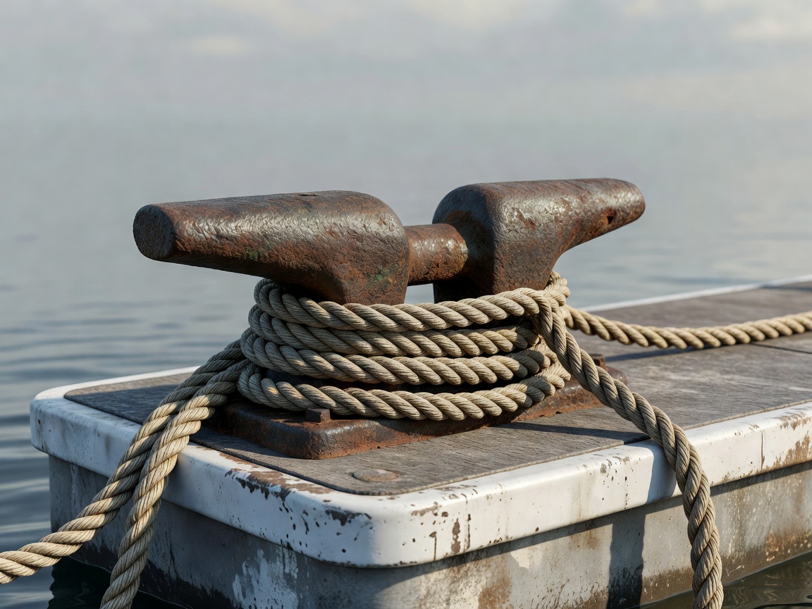 Soft-lit render of a harbour cleat, coiled mooring line and small pontoon section
