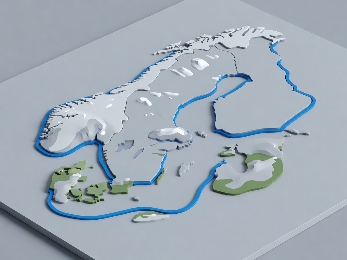 Simplified three-dimensional Nordic archipelago model showing islands and a conceptual passage line