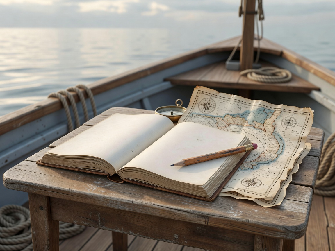 Soft-lit render of an open passage logbook beside a folded illustrative chart and pencil