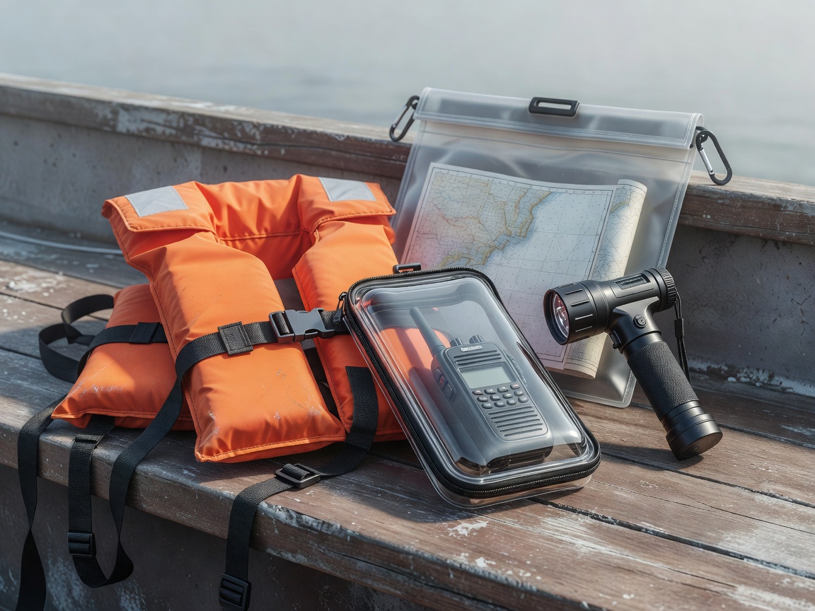 Soft-lit three-dimensional arrangement of a lifejacket, waterproof radio case, torch and chart pouch